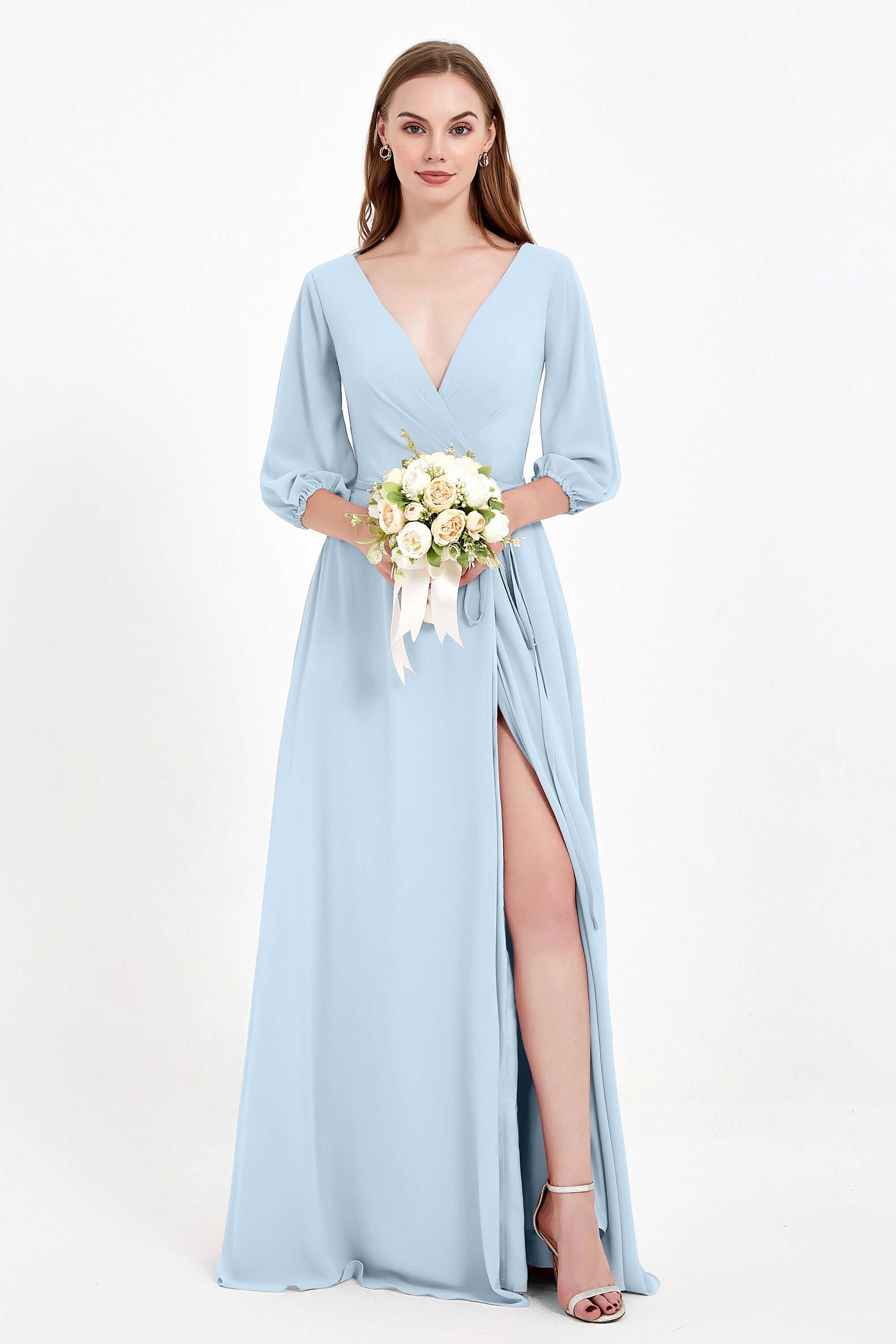 Long Sleeves V Neck Chiffon Bridesmaid Dresses Mother of the Bride Dress Evening Party Gowns
