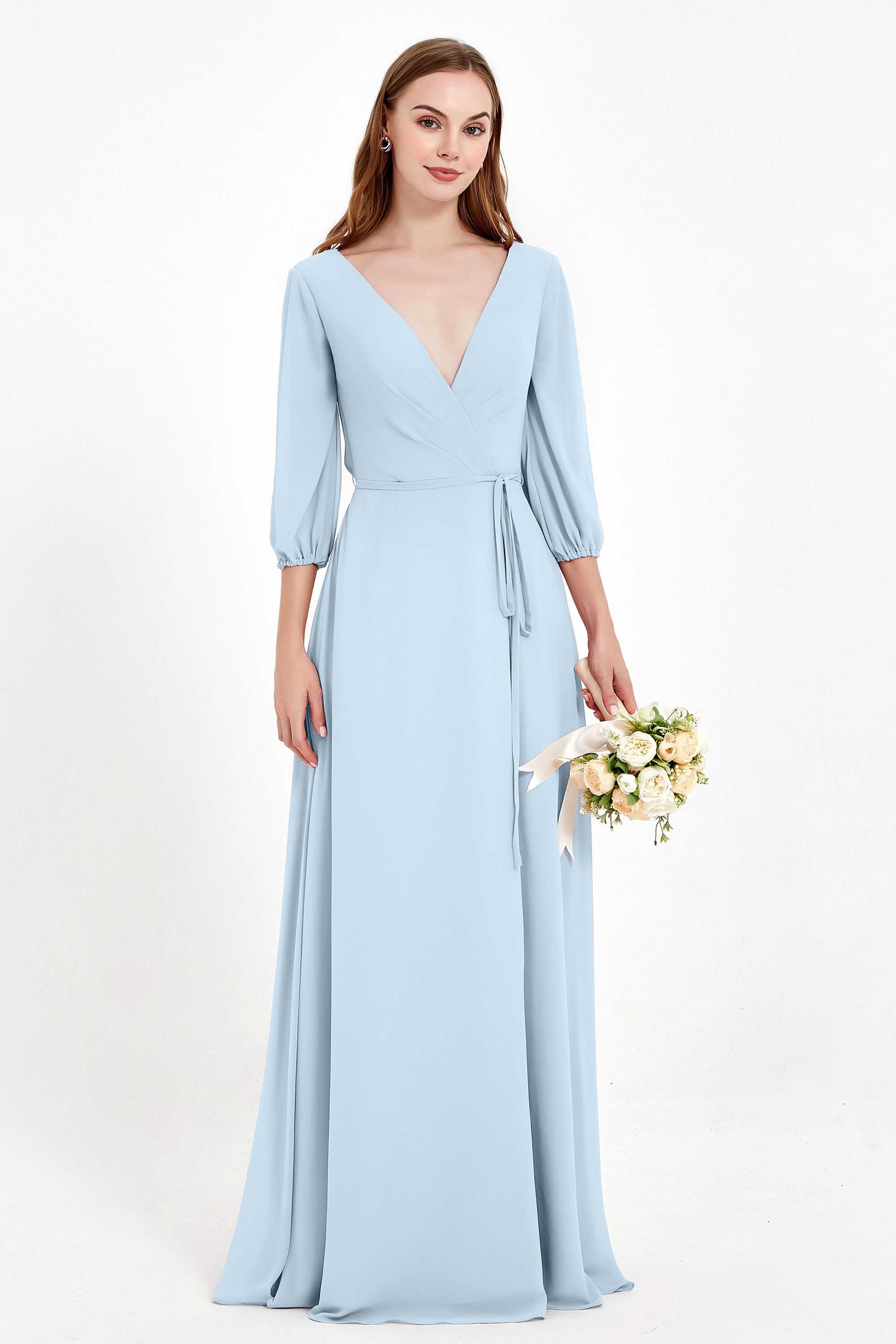 Long Sleeves V Neck Chiffon Bridesmaid Dresses Mother of the Bride Dress Evening Party Gowns