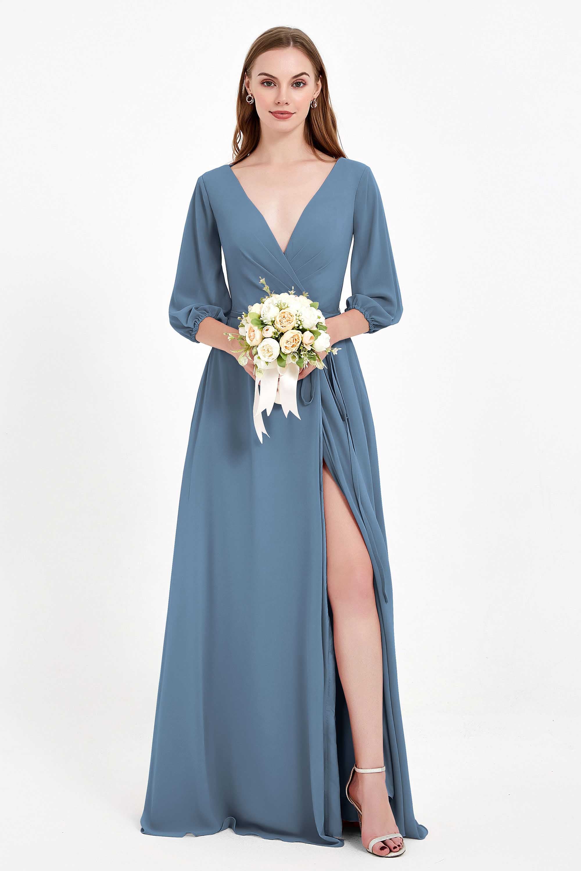 Long Sleeves V Neck Chiffon Bridesmaid Dresses Mother of the Bride Dress Evening Party Gowns