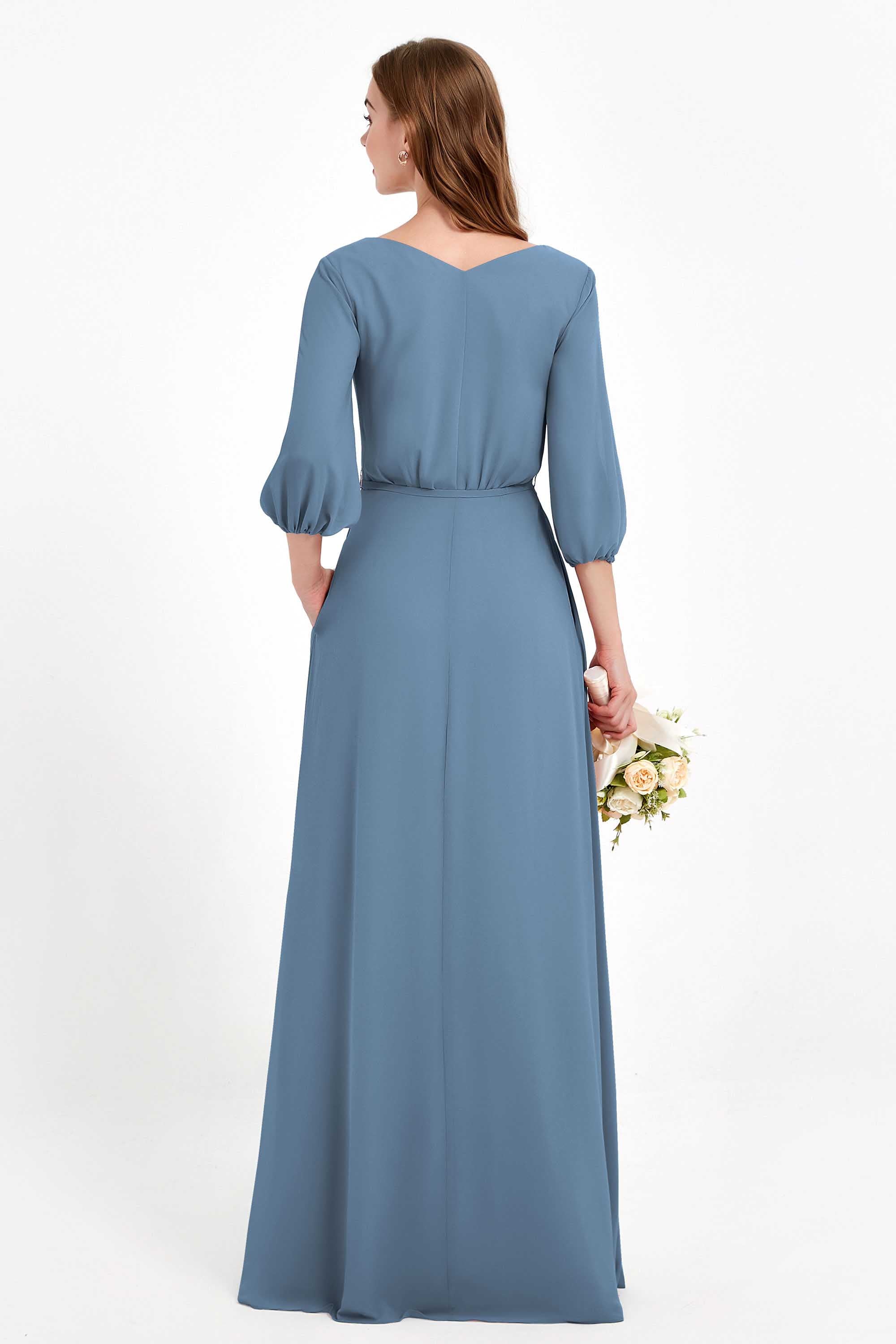 Long Sleeves V Neck Chiffon Bridesmaid Dresses Mother of the Bride Dress Evening Party Gowns