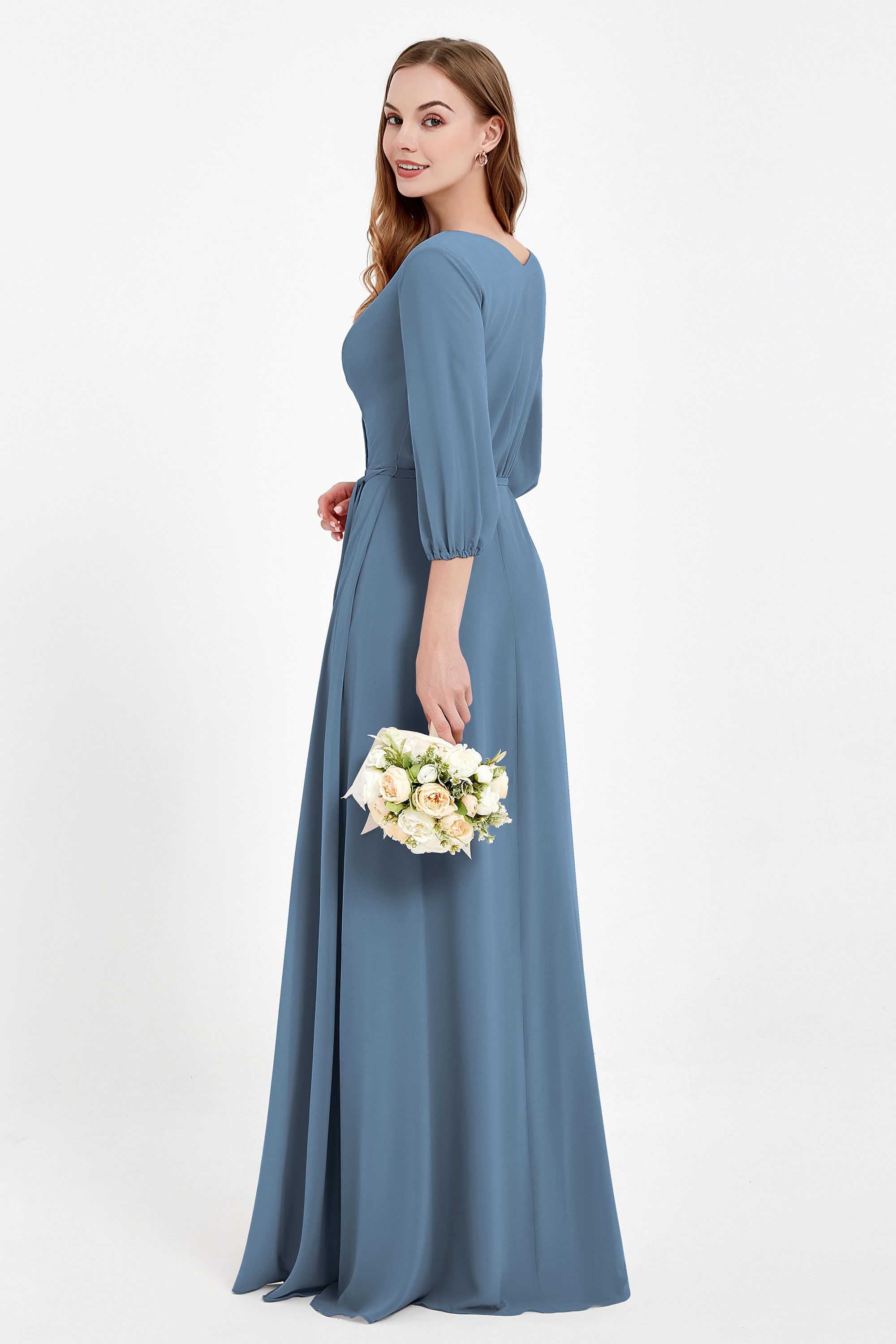 Long Sleeves V Neck Chiffon Bridesmaid Dresses Mother of the Bride Dress Evening Party Gowns
