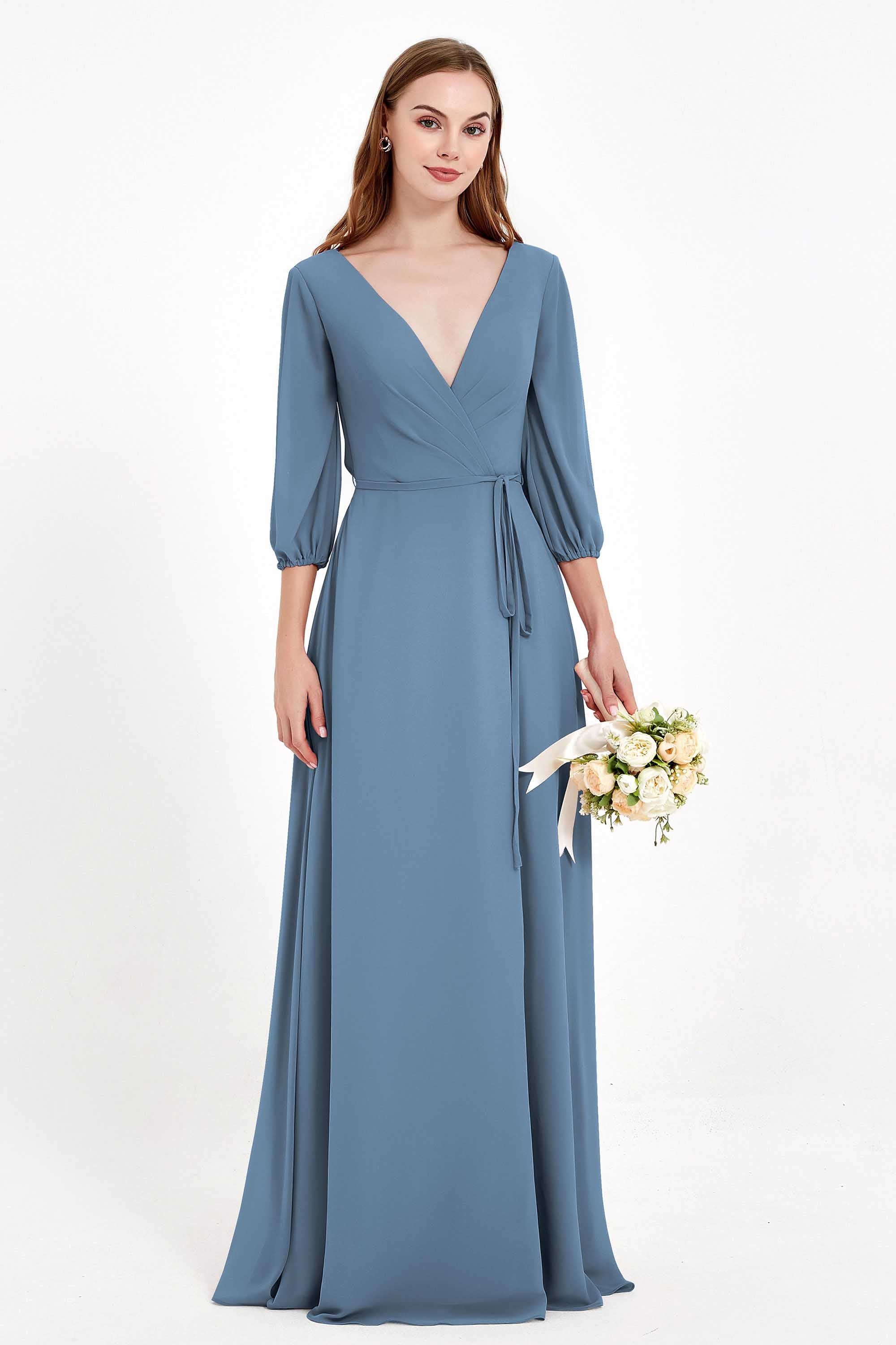 Long Sleeves V Neck Chiffon Bridesmaid Dresses Mother of the Bride Dress Evening Party Gowns