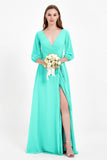Long Sleeves V Neck Chiffon Bridesmaid Dresses Mother of the Bride Dress Evening Party Gowns