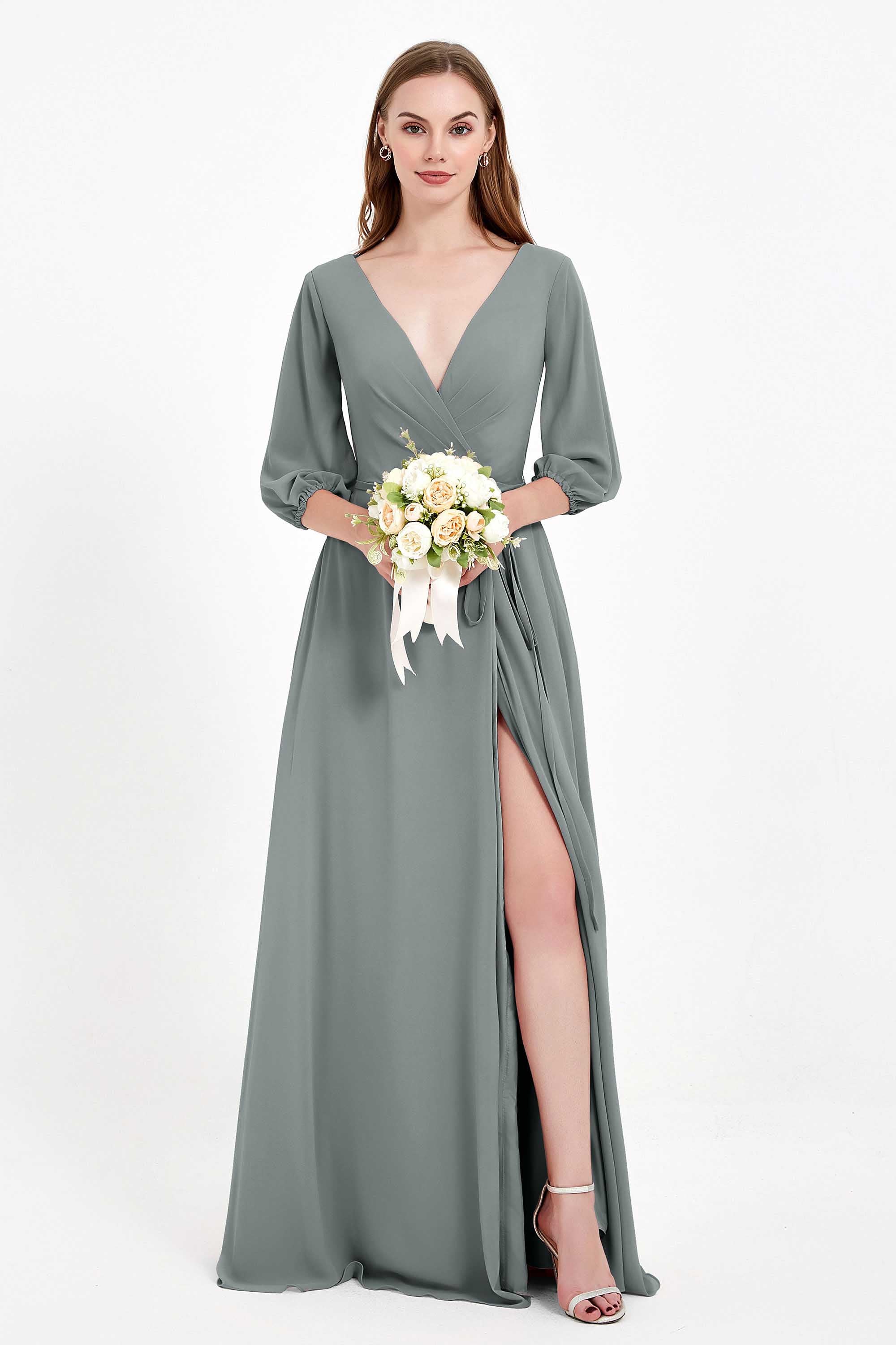 Long Sleeves V Neck Chiffon Bridesmaid Dresses Mother of the Bride Dress Evening Party Gowns