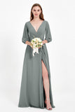 Long Sleeves V Neck Chiffon Bridesmaid Dresses Mother of the Bride Dress Evening Party Gowns
