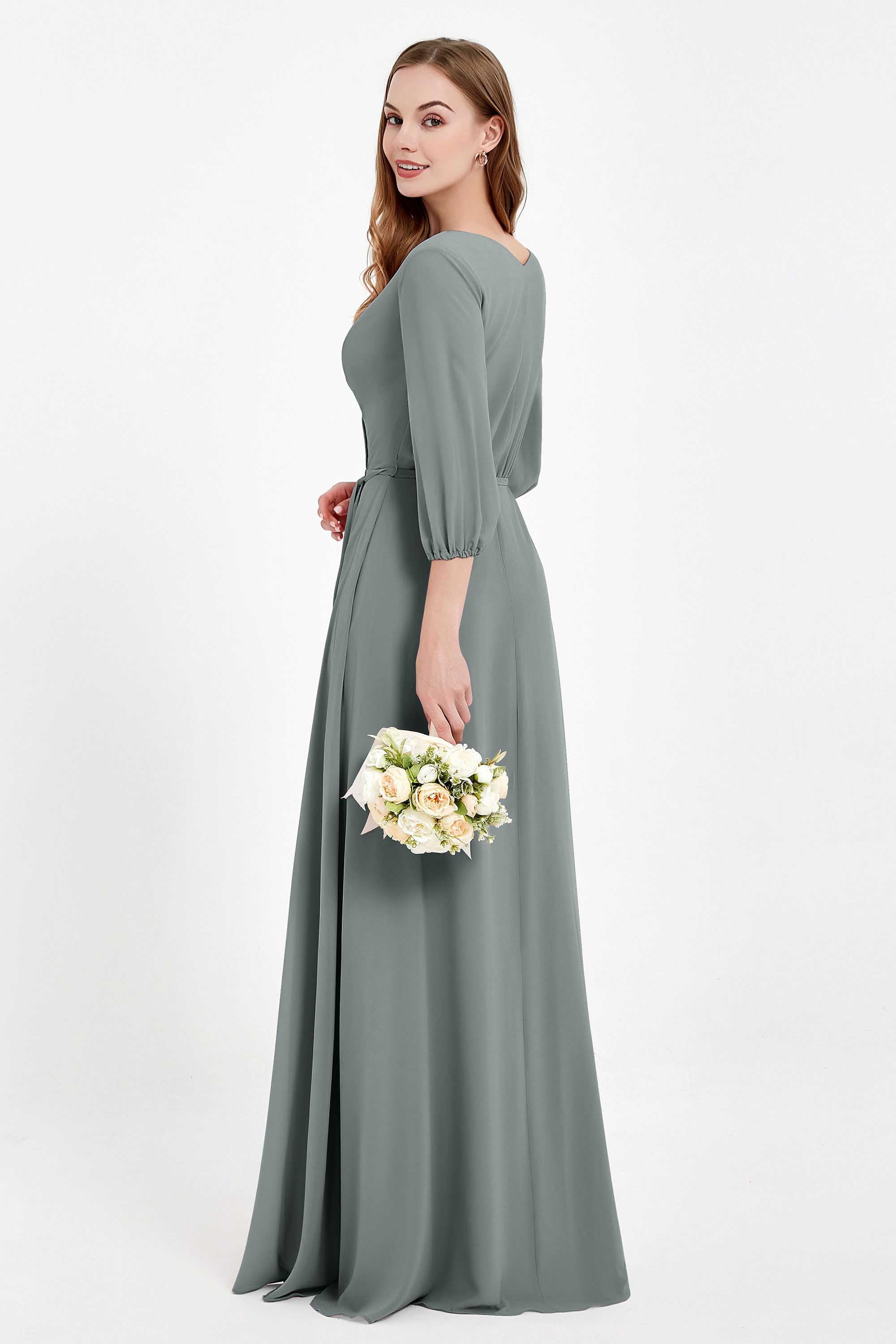 Long Sleeves V Neck Chiffon Bridesmaid Dresses Mother of the Bride Dress Evening Party Gowns
