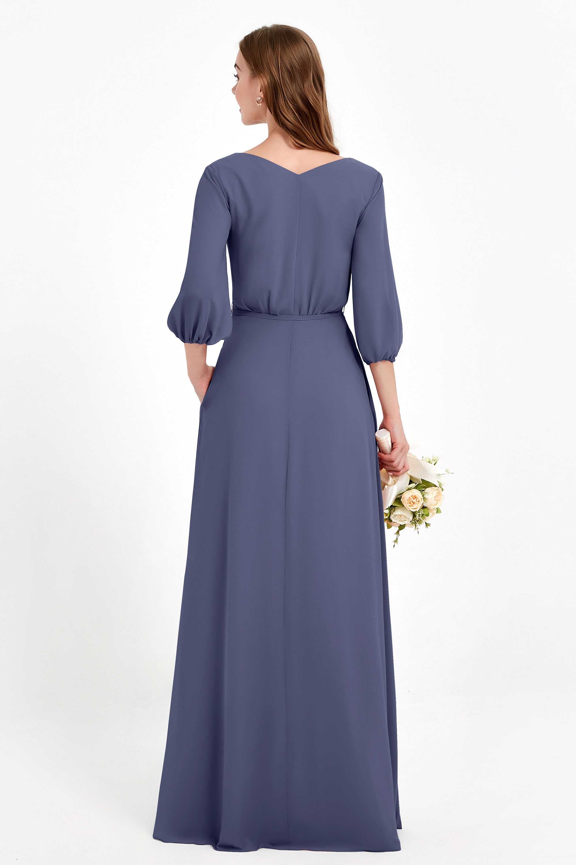 Long Sleeves V Neck Chiffon Bridesmaid Dresses Mother of the Bride Dress Evening Party Gowns