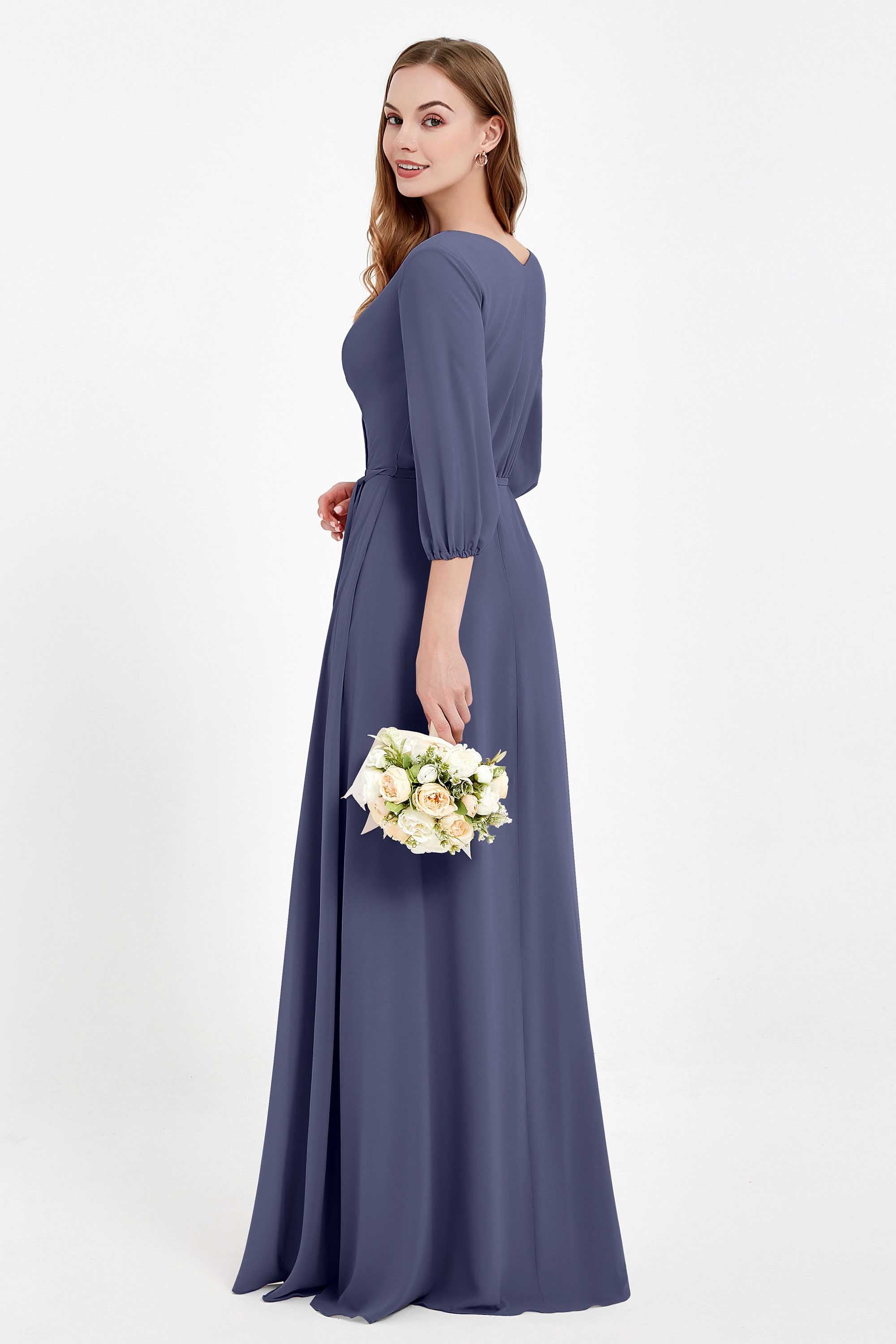 Long Sleeves V Neck Chiffon Bridesmaid Dresses Mother of the Bride Dress Evening Party Gowns