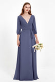 Long Sleeves V Neck Chiffon Bridesmaid Dresses Mother of the Bride Dress Evening Party Gowns