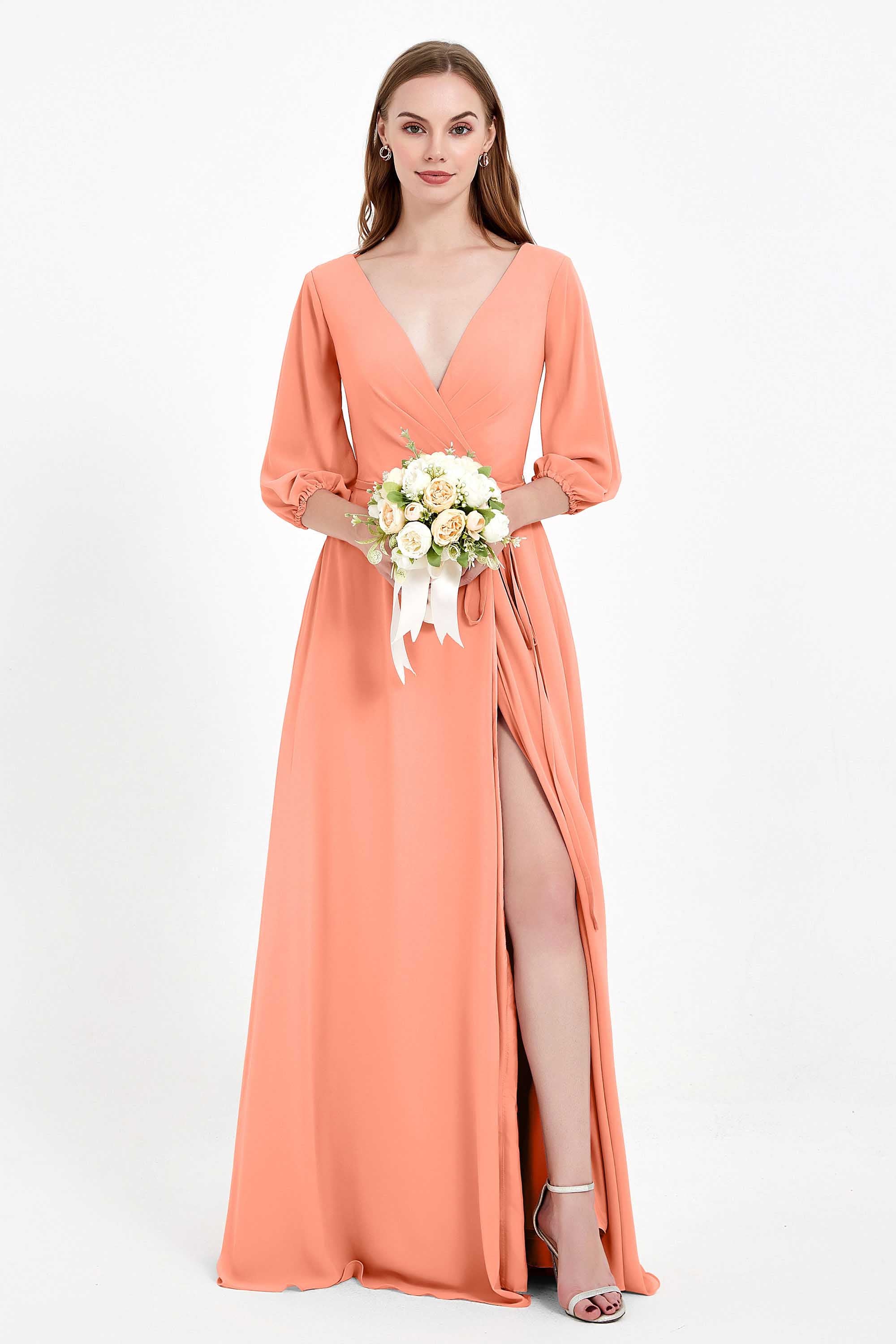 Long Sleeves V Neck Chiffon Bridesmaid Dresses Mother of the Bride Dress Evening Party Gowns