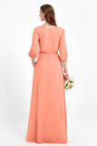 Long Sleeves V Neck Chiffon Bridesmaid Dresses Mother of the Bride Dress Evening Party Gowns