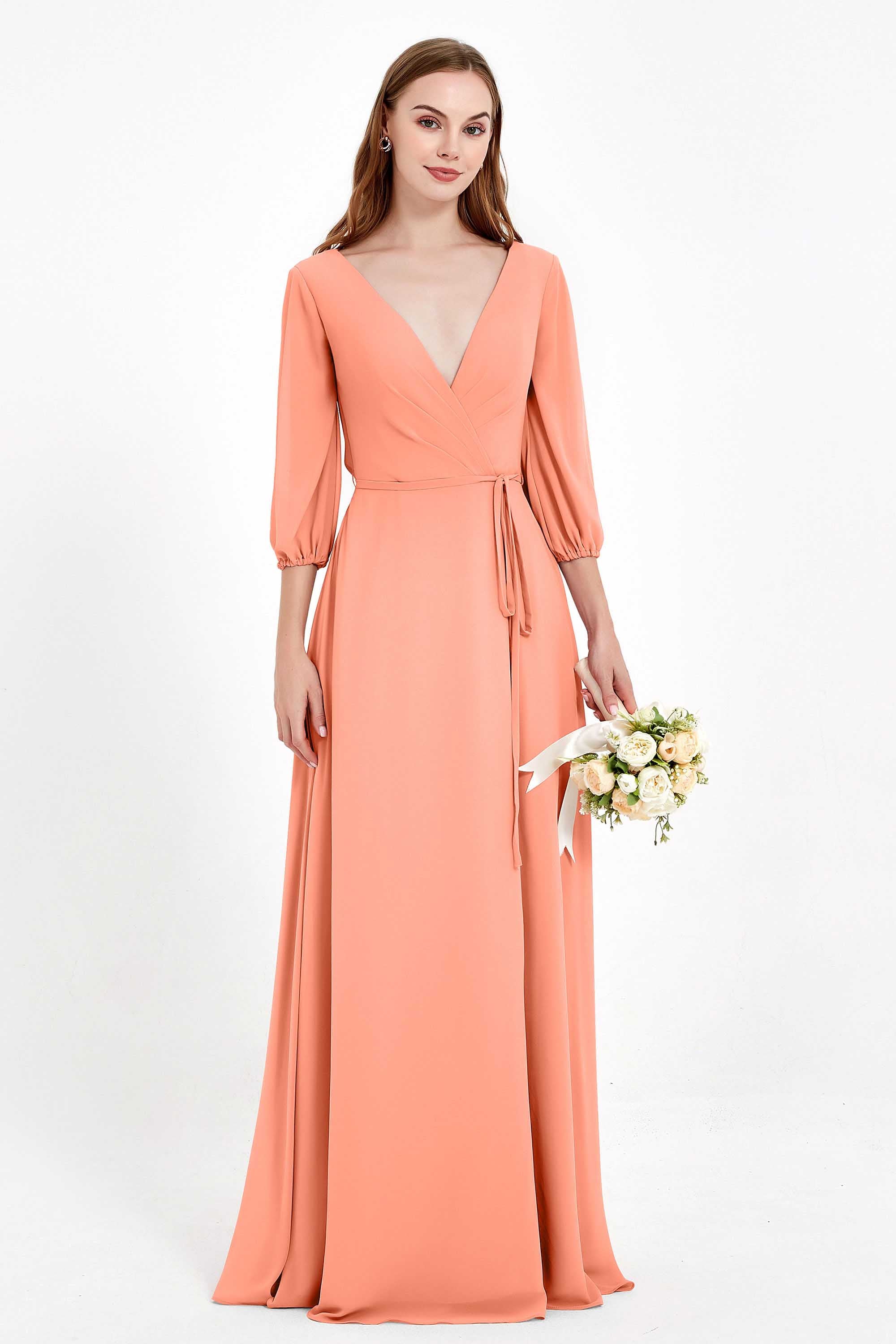 Long Sleeves V Neck Chiffon Bridesmaid Dresses Mother of the Bride Dress Evening Party Gowns