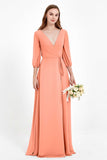 Long Sleeves V Neck Chiffon Bridesmaid Dresses Mother of the Bride Dress Evening Party Gowns
