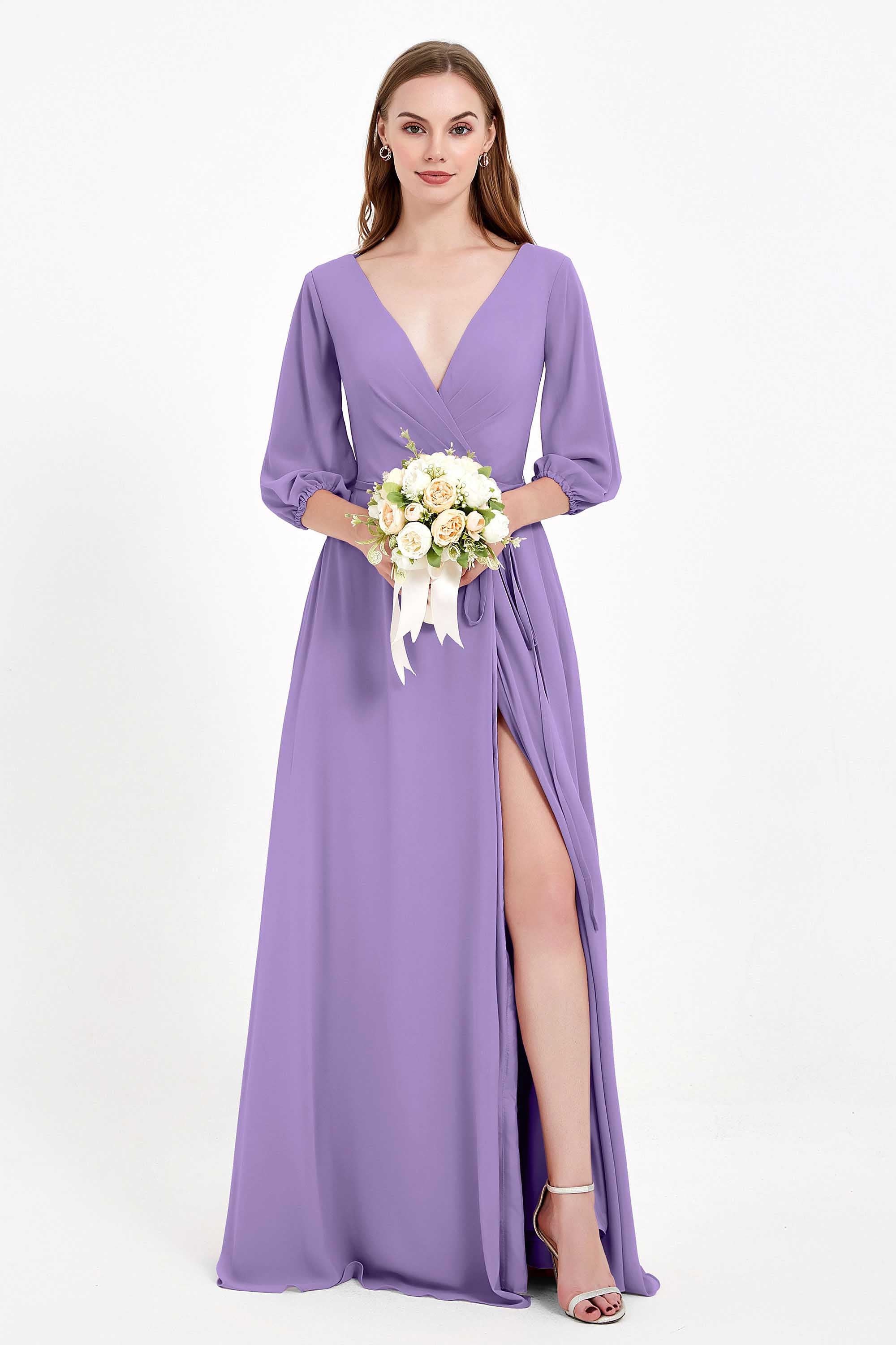 Long Sleeves V Neck Chiffon Bridesmaid Dresses Mother of the Bride Dress Evening Party Gowns