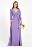 Long Sleeves V Neck Chiffon Bridesmaid Dresses Mother of the Bride Dress Evening Party Gowns