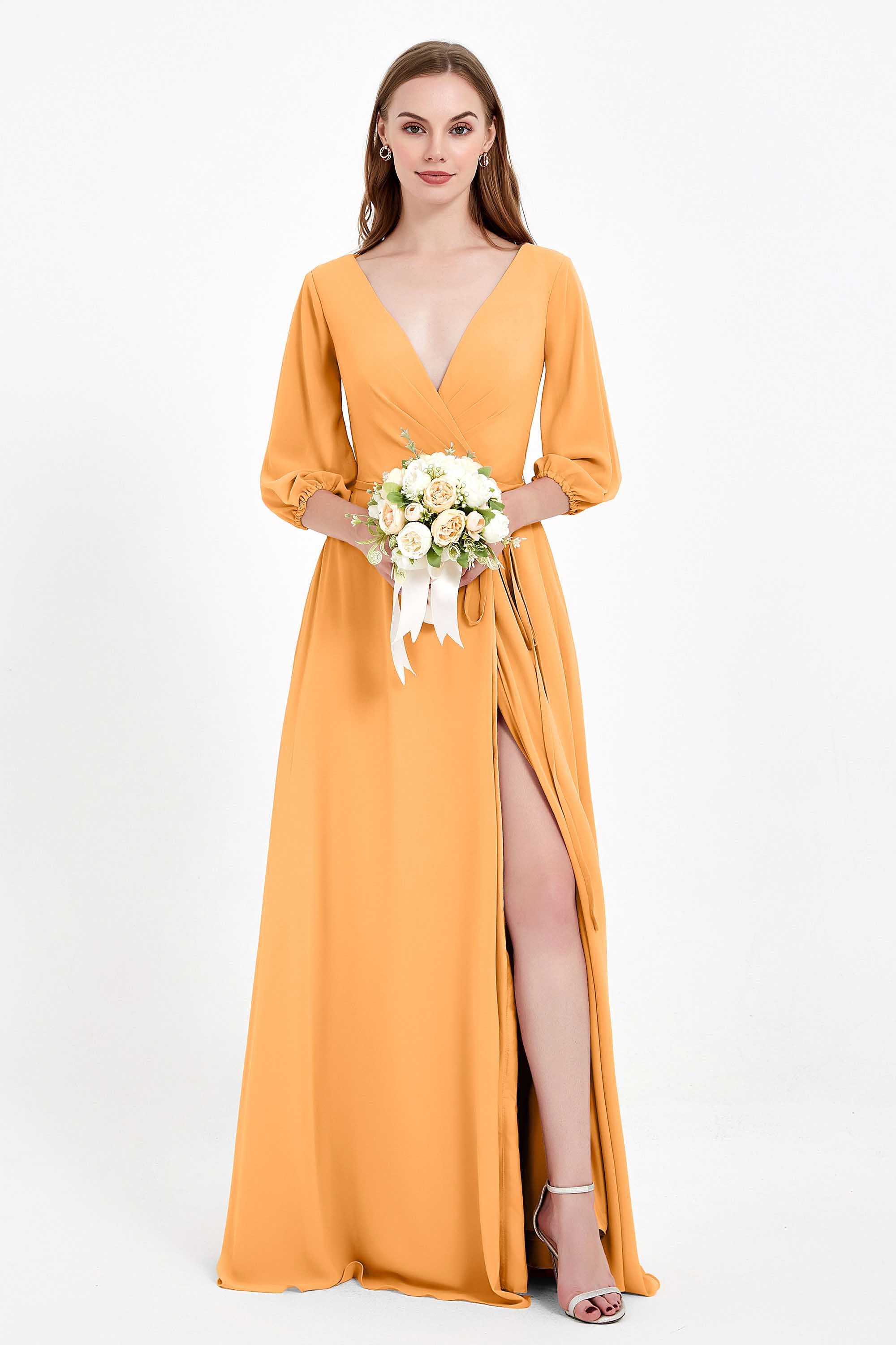 Long Sleeves V Neck Chiffon Bridesmaid Dresses Mother of the Bride Dress Evening Party Gowns