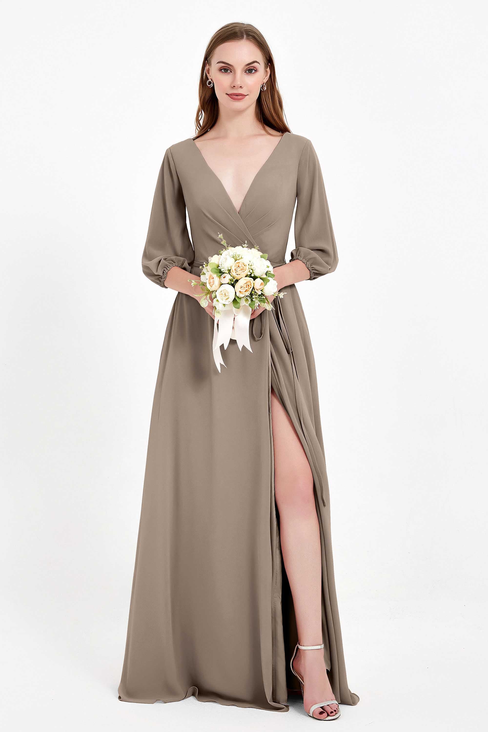 Long Sleeves V Neck Chiffon Bridesmaid Dresses Mother of the Bride Dress Evening Party Gowns