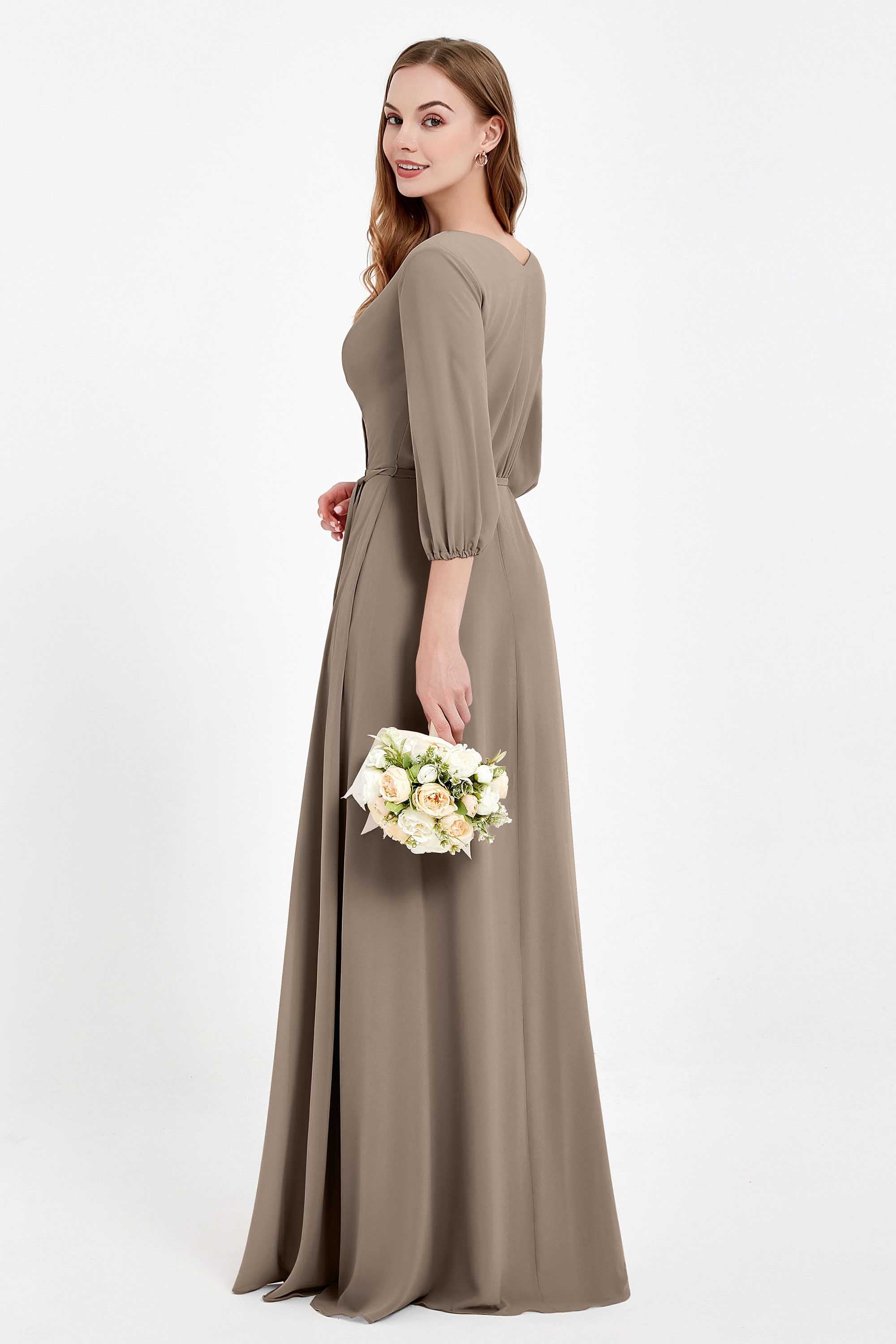 Long Sleeves V Neck Chiffon Bridesmaid Dresses Mother of the Bride Dress Evening Party Gowns