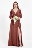 Long Sleeves V Neck Chiffon Bridesmaid Dresses Mother of the Bride Dress Evening Party Gowns