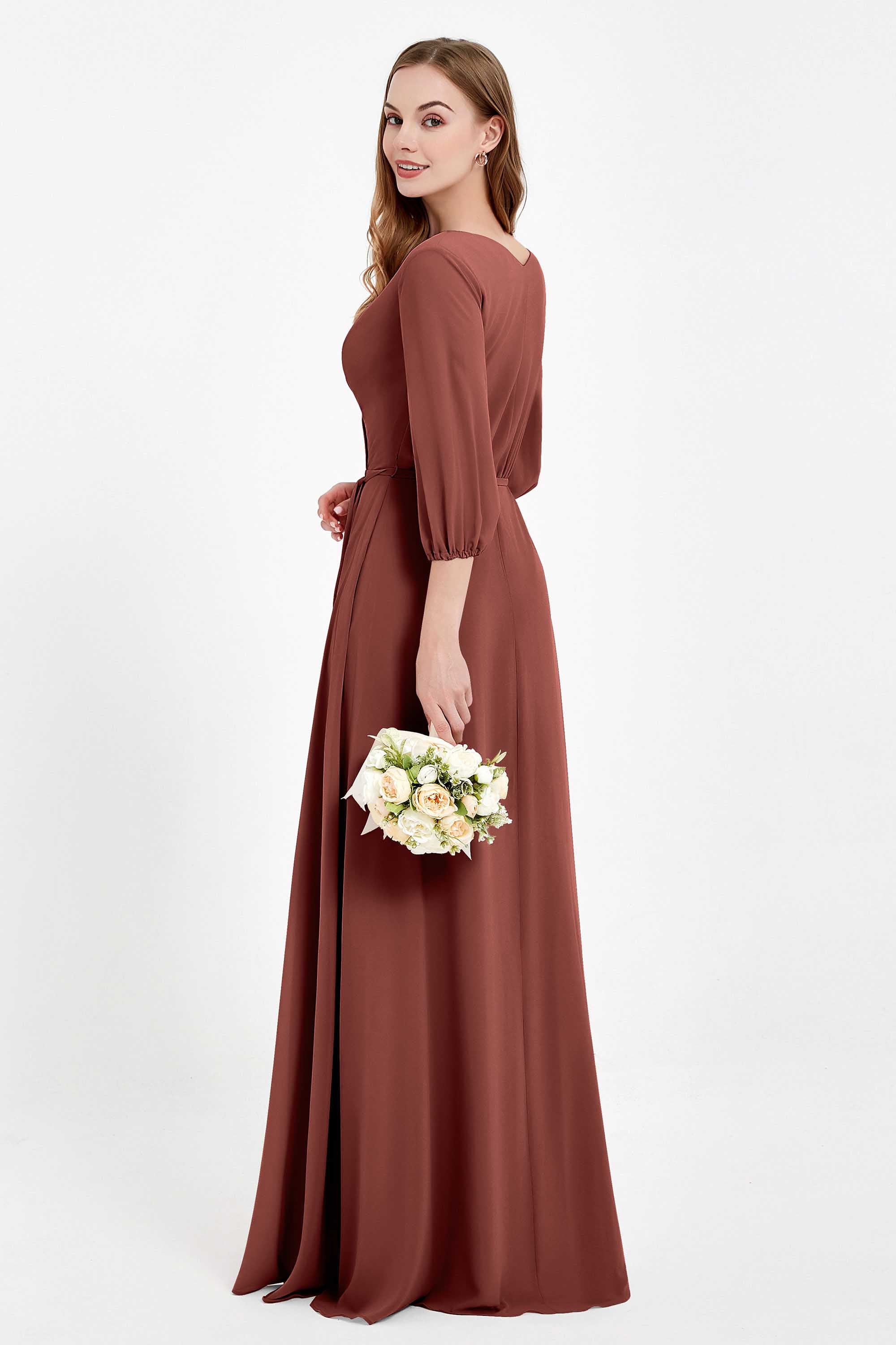 Long Sleeves V Neck Chiffon Bridesmaid Dresses Mother of the Bride Dress Evening Party Gowns