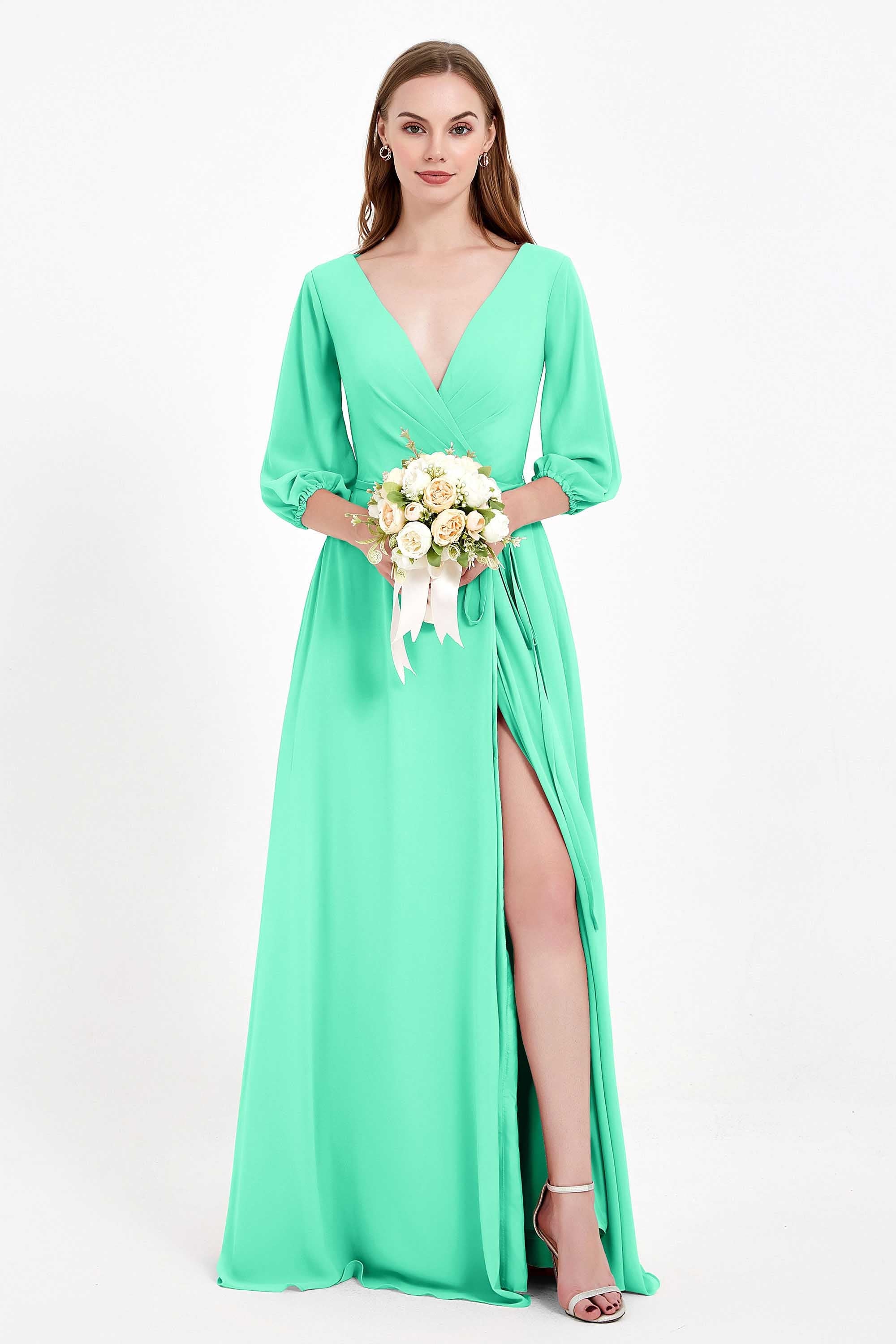 Long Sleeves V Neck Chiffon Bridesmaid Dresses Mother of the Bride Dress Evening Party Gowns