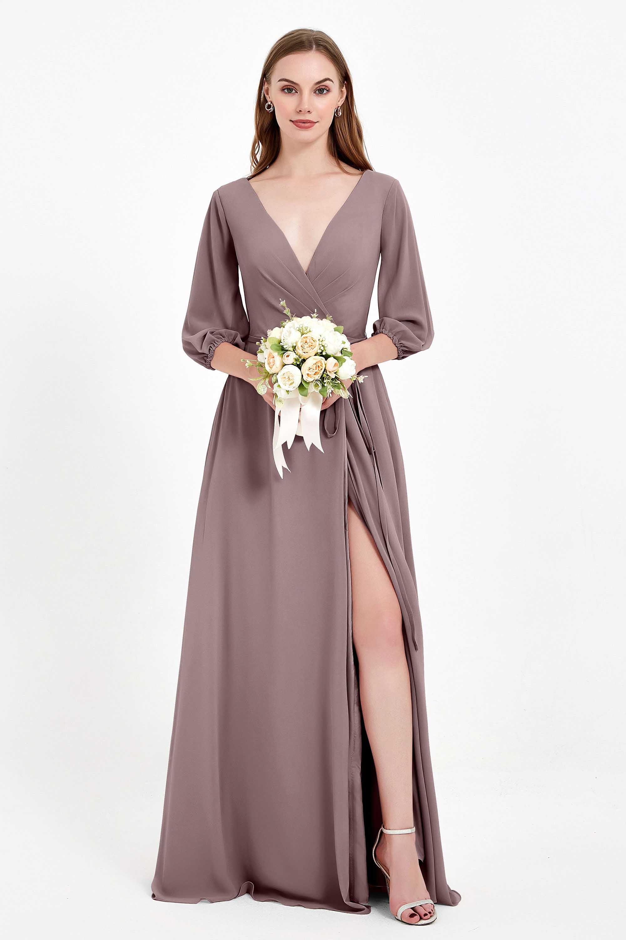 Long Sleeves V Neck Chiffon Bridesmaid Dresses Mother of the Bride Dress Evening Party Gowns