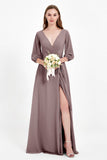 Long Sleeves V Neck Chiffon Bridesmaid Dresses Mother of the Bride Dress Evening Party Gowns