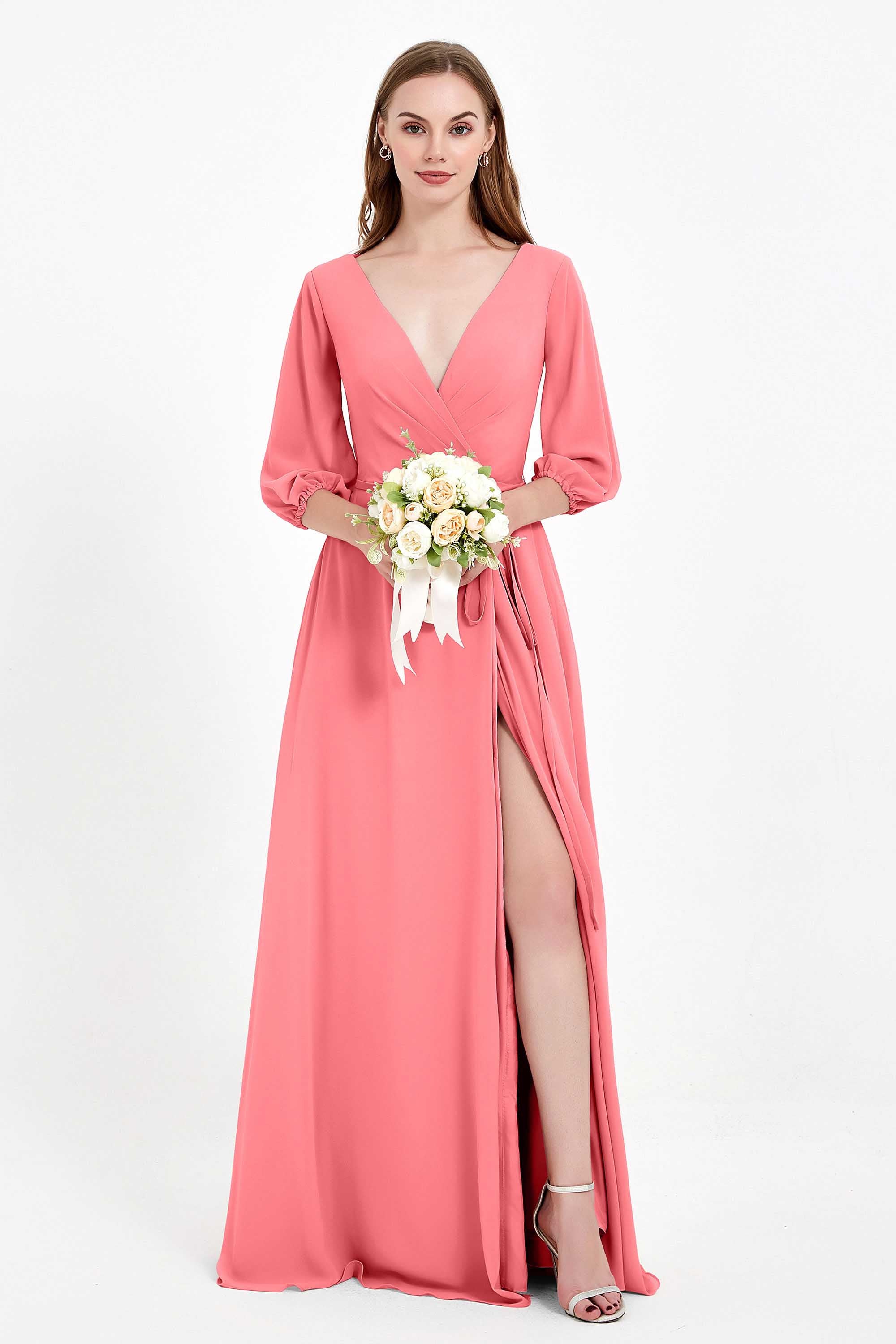 Long Sleeves V Neck Chiffon Bridesmaid Dresses Mother of the Bride Dress Evening Party Gowns