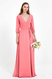 Long Sleeves V Neck Chiffon Bridesmaid Dresses Mother of the Bride Dress Evening Party Gowns