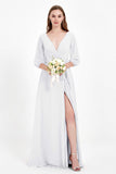 Long Sleeves V Neck Chiffon Bridesmaid Dresses Mother of the Bride Dress Evening Party Gowns
