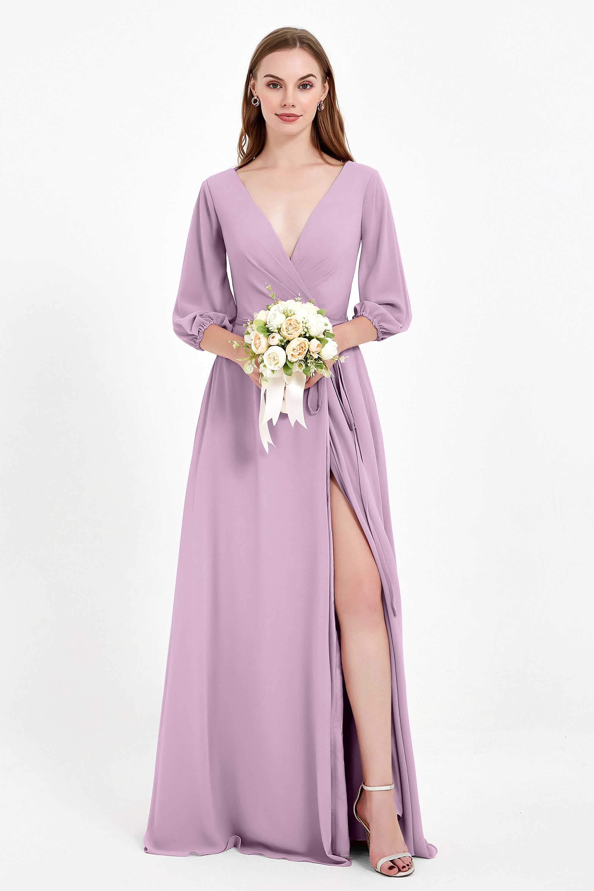 Long Sleeves V Neck Chiffon Bridesmaid Dresses Mother of the Bride Dress Evening Party Gowns