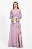 Long Sleeves V Neck Chiffon Bridesmaid Dresses Mother of the Bride Dress Evening Party Gowns