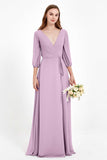 Long Sleeves V Neck Chiffon Bridesmaid Dresses Mother of the Bride Dress Evening Party Gowns