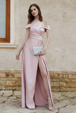 Off the Shoulder Satin Cap Sleeves Formal Evening Prom Dresses Pleated Wedding Party Gowns