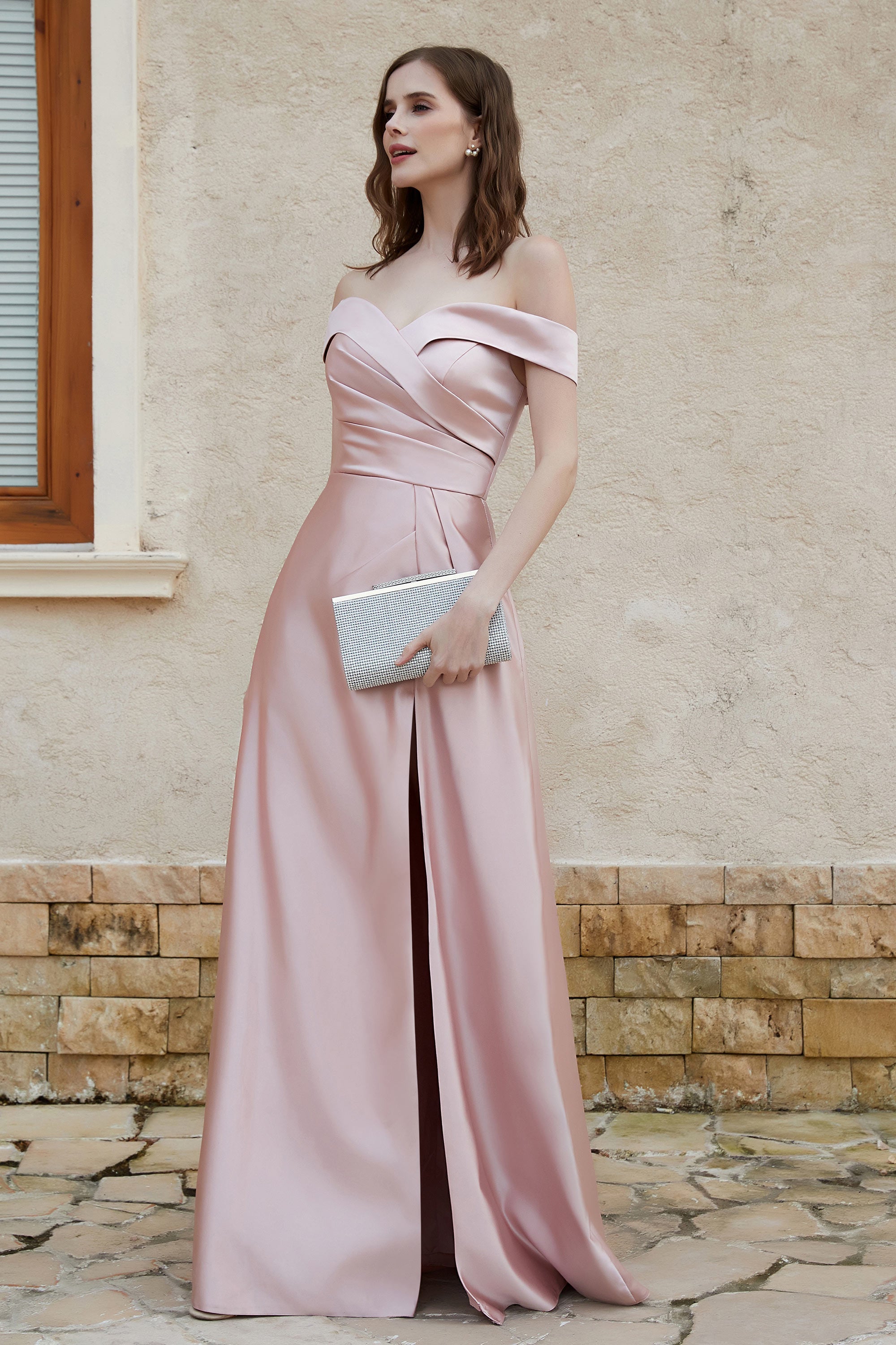 Off the Shoulder Satin Cap Sleeves Formal Evening Prom Dresses Pleated Wedding Party Gowns