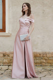 Off the Shoulder Satin Cap Sleeves Formal Evening Prom Dresses Pleated Wedding Party Gowns
