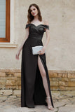Off the Shoulder Satin Cap Sleeves Formal Evening Prom Dresses Pleated Wedding Party Gowns