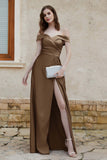 Off the Shoulder Satin Cap Sleeves Formal Evening Prom Dresses Pleated Wedding Party Gowns