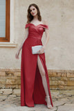 Off the Shoulder Satin Cap Sleeves Formal Evening Prom Dresses Pleated Wedding Party Gowns