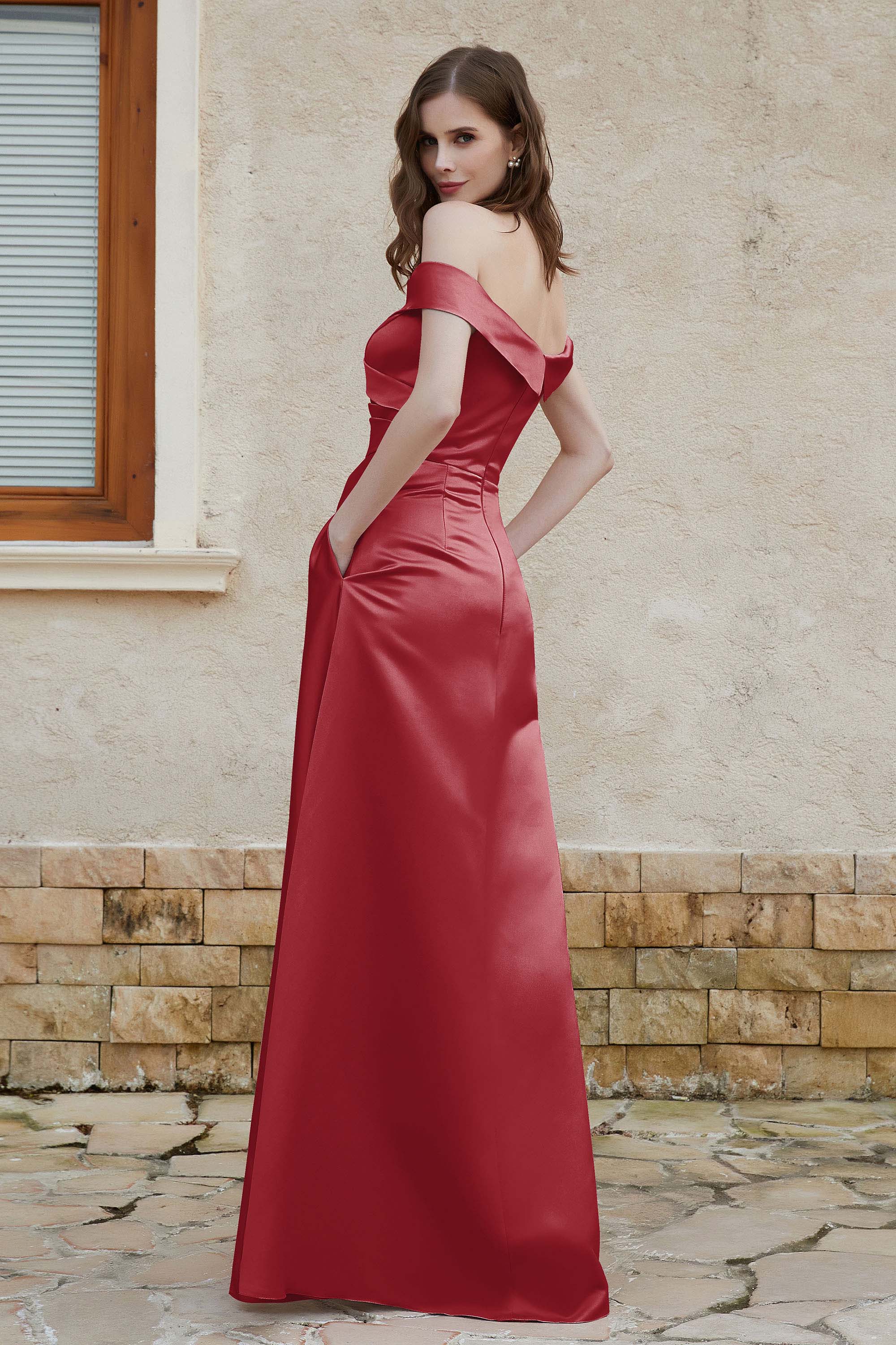 Off the Shoulder Satin Cap Sleeves Formal Evening Prom Dresses Pleated Wedding Party Gowns