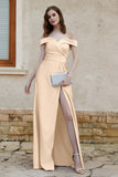 Off the Shoulder Satin Cap Sleeves Formal Evening Prom Dresses Pleated Wedding Party Gowns