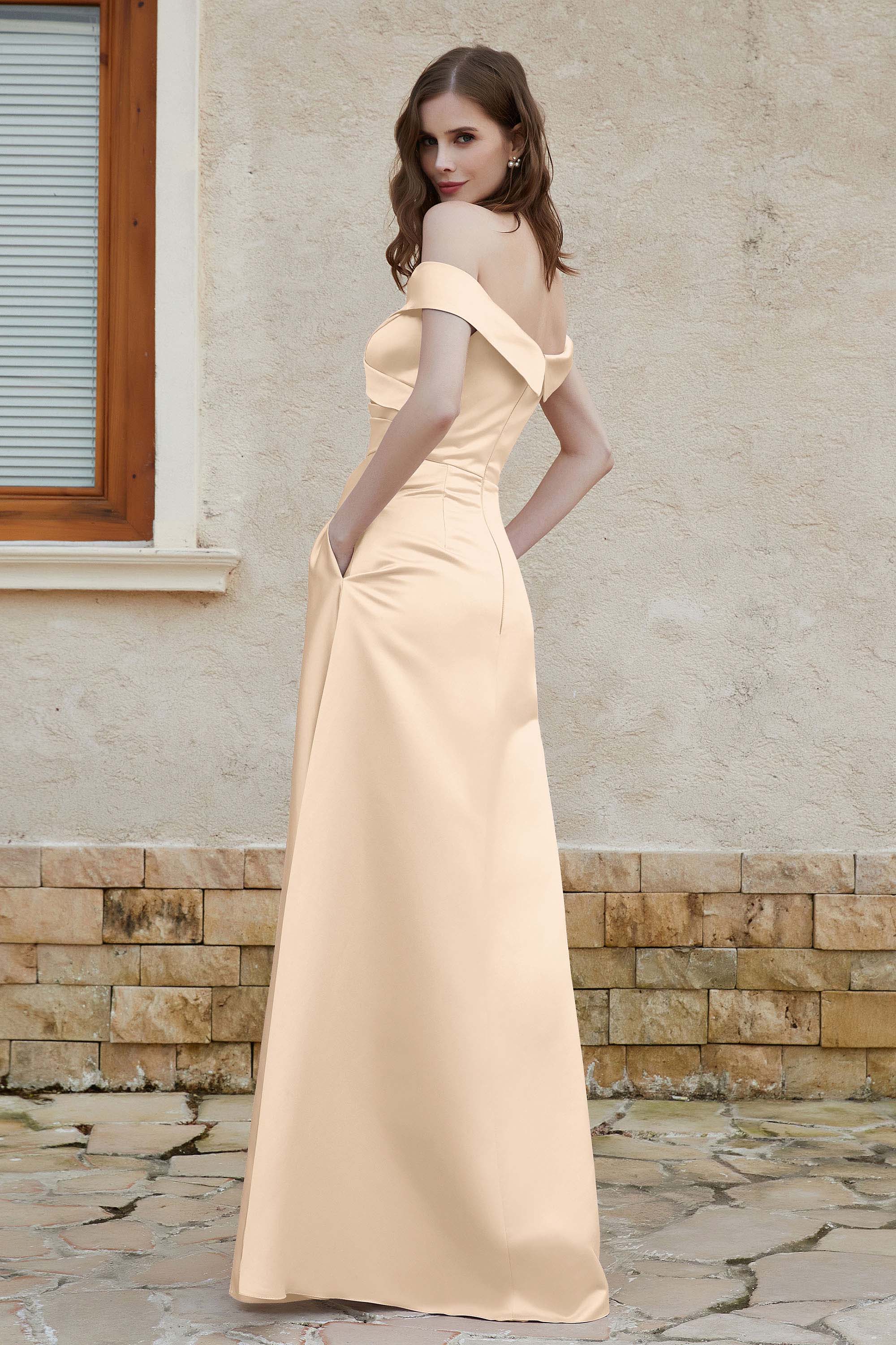 Off the Shoulder Satin Cap Sleeves Formal Evening Prom Dresses Pleated Wedding Party Gowns