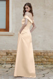 Off the Shoulder Satin Cap Sleeves Formal Evening Prom Dresses Pleated Wedding Party Gowns
