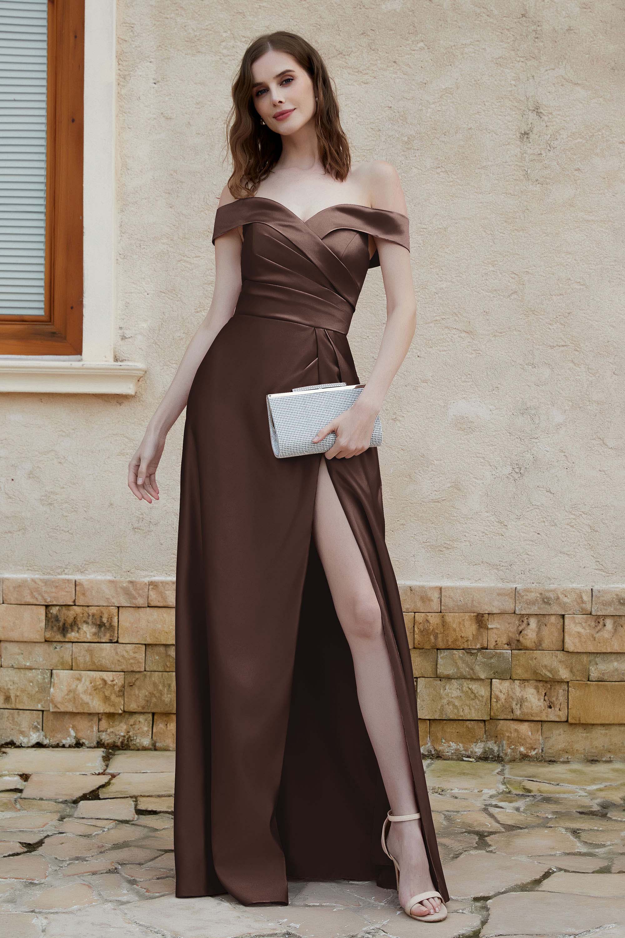 Off the Shoulder Satin Cap Sleeves Formal Evening Prom Dresses Pleated Wedding Party Gowns