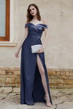 Off the Shoulder Satin Cap Sleeves Formal Evening Prom Dresses Pleated Wedding Party Gowns