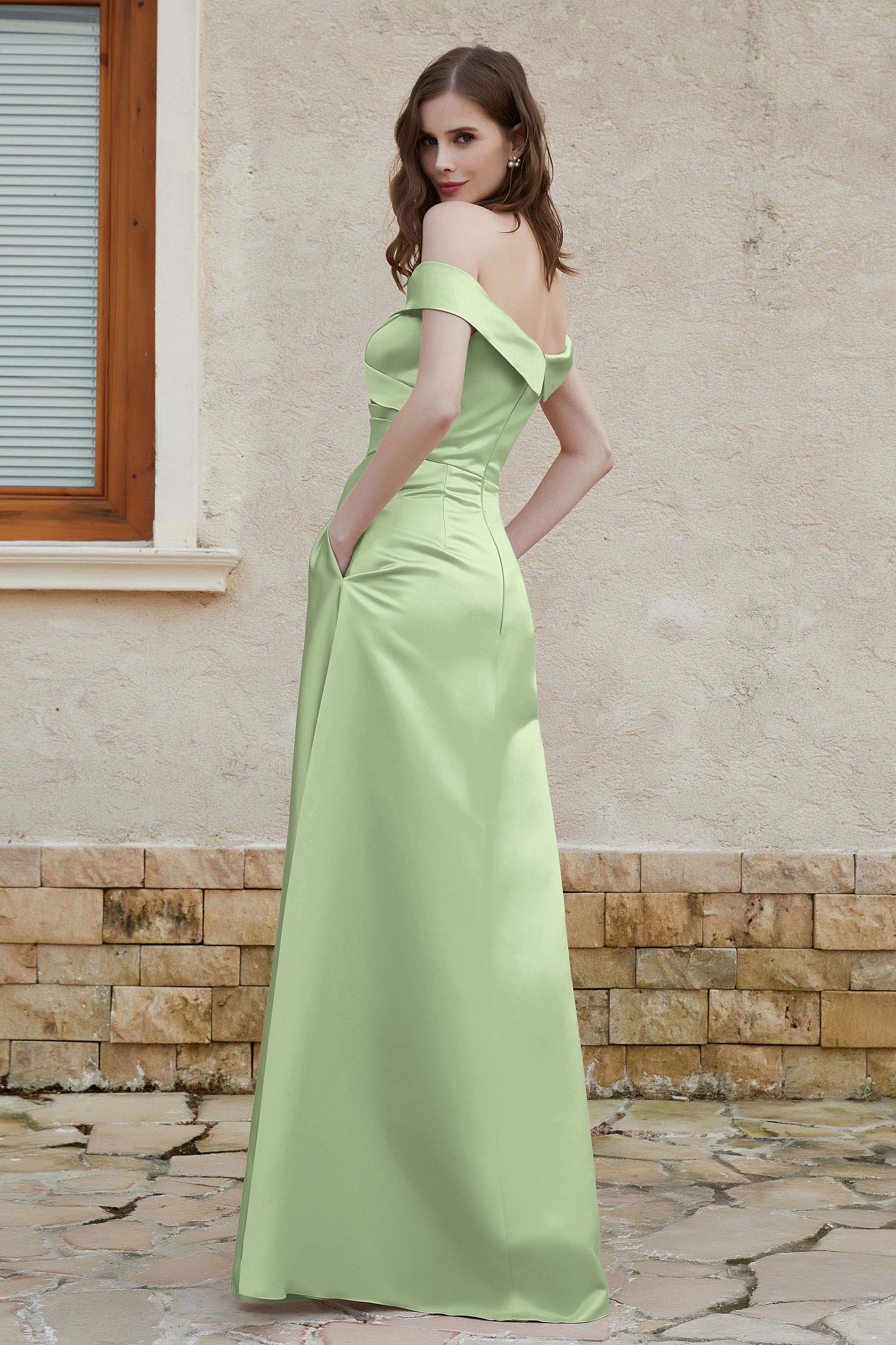 Off the Shoulder Satin Cap Sleeves Formal Evening Prom Dresses Pleated Wedding Party Gowns