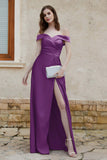Off the Shoulder Satin Cap Sleeves Formal Evening Prom Dresses Pleated Wedding Party Gowns