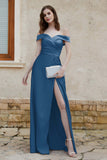 Off the Shoulder Satin Cap Sleeves Formal Evening Prom Dresses Pleated Wedding Party Gowns