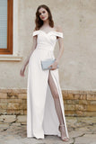 Off the Shoulder Satin Cap Sleeves Formal Evening Prom Dresses Pleated Wedding Party Gowns