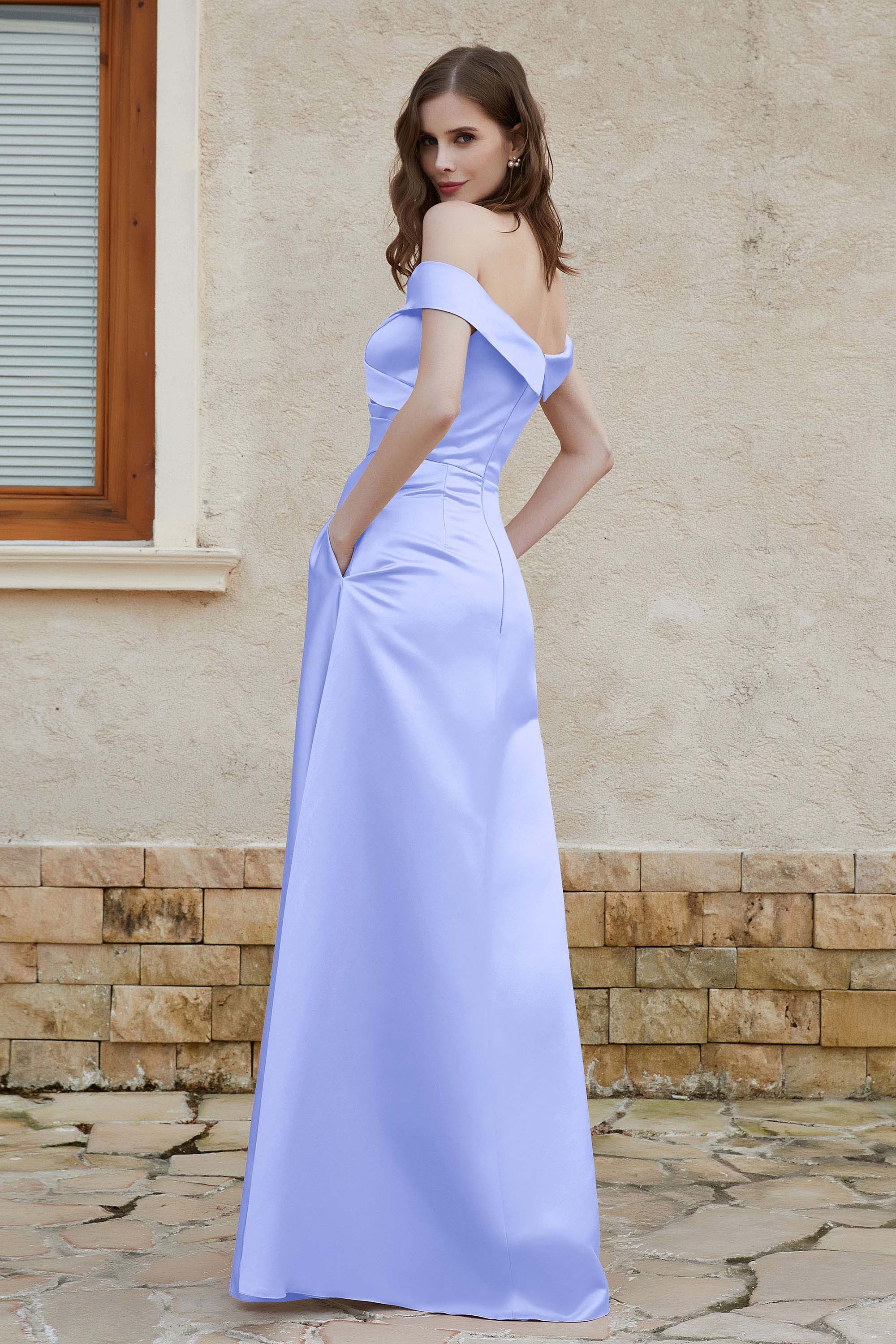 Off the Shoulder Satin Cap Sleeves Formal Evening Prom Dresses Pleated Wedding Party Gowns